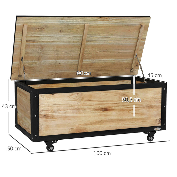 Haveopbevaringskasse, 121 liter, 2 hjul, vejrbestandig, metalhængsler, naturtræ, 100x50x43 cm