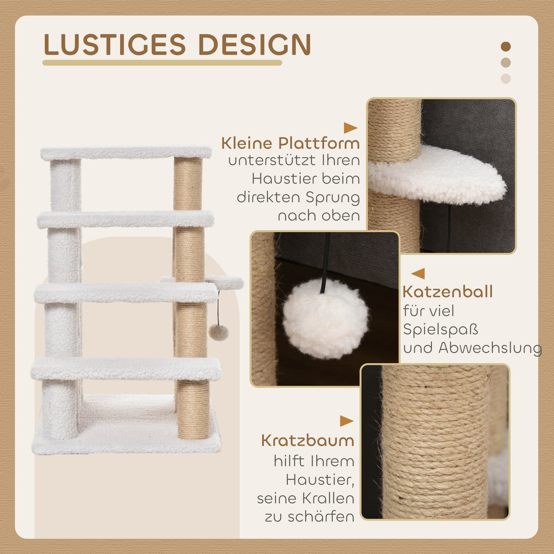 Kattetrappe 4-trins kæledyrstrappe med kradsetræer bold hundetrappe kæledyrstrappe til katte op til 5 kg plys jute hvid 60 x 40 x 64 cm