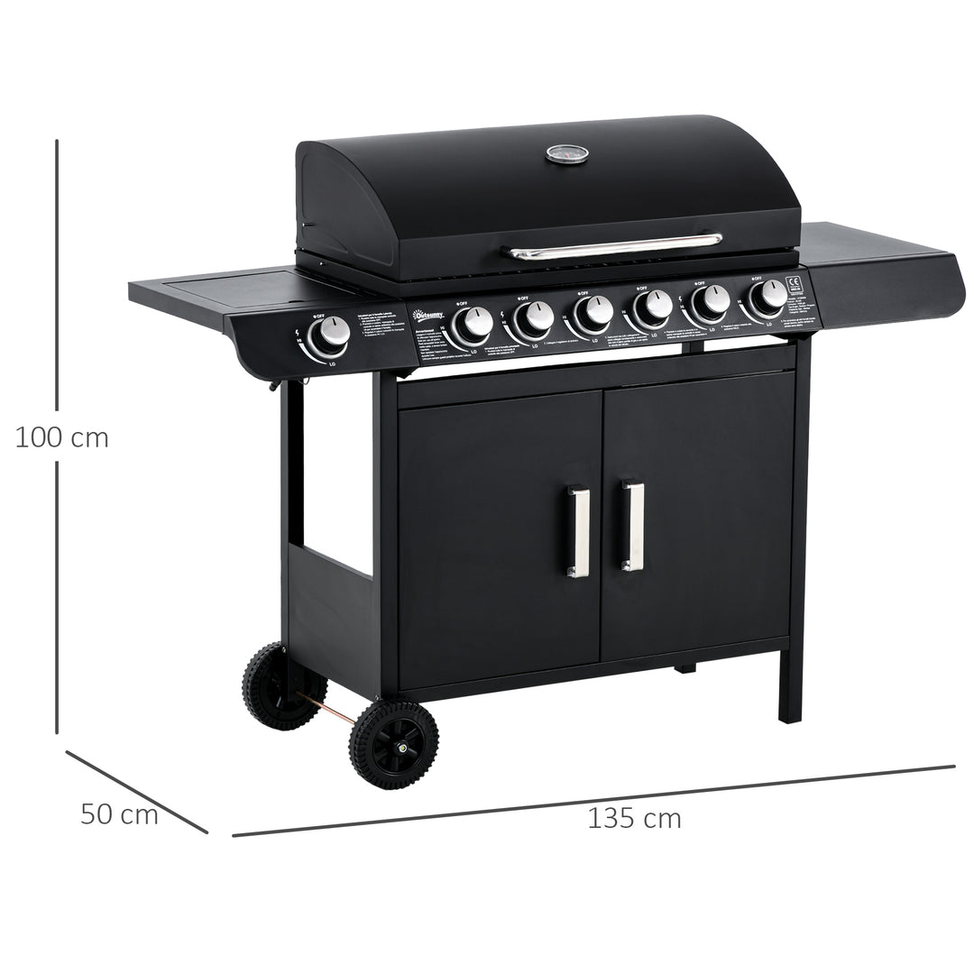 Gasgrill med 7 brændere, inklusive termometer, BBQ-grill, bærbar grill, sort