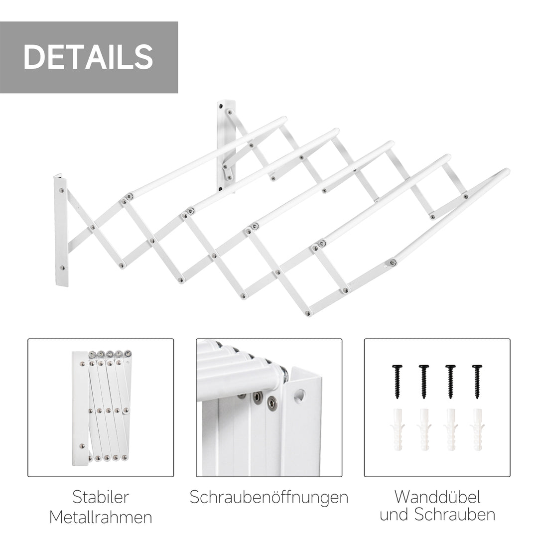 Vægmonteret tørrestativ, udtrækkelig, foldbar, pladsbesparende, hvid, 63,5 x 60 x 20 cm