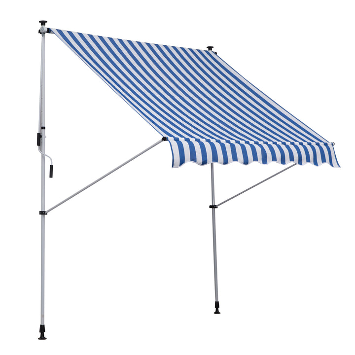 Klemmemarkise med håndsving, højdejusterbar, leddelt armsmarkise, smudsafvisende, vejrbestandig, balkonmarkise 150 cm bred, terrassemarkise til terrasse, balkon, veranda, blå+hvid