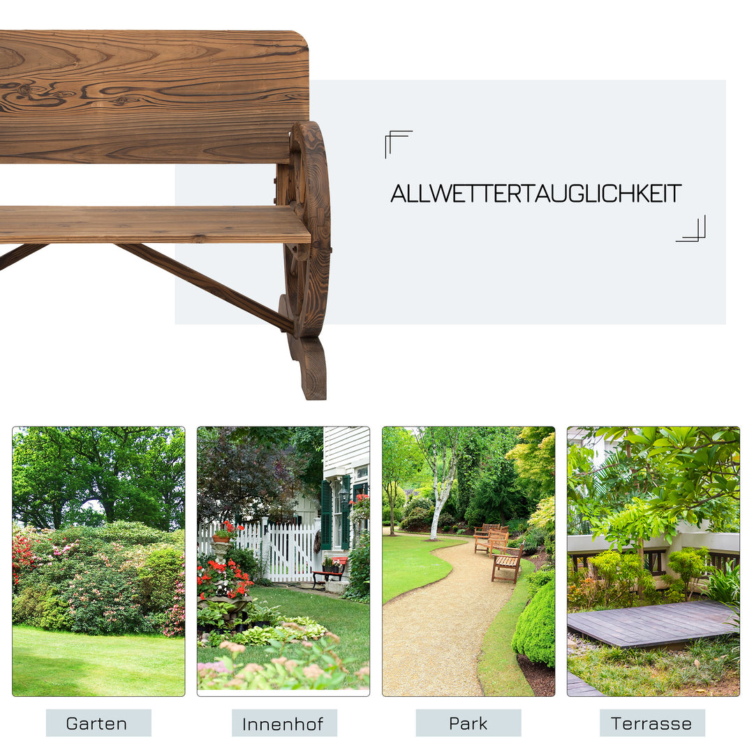 2-personers havebænk i massivt træ med armlæn, bænk med vognhjulsdesign, havemøbler, lasteevne 250 kg, rustik bænk, 114 x 58 x 80 cm, brun