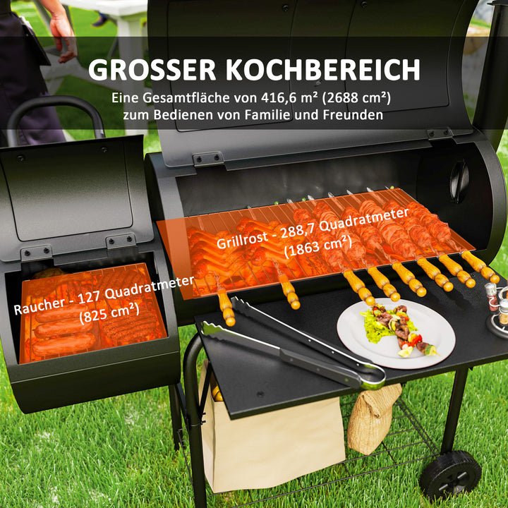 Kulgrill af stål bbq-ryger med låg, termometer, hjul, lufttilførsel og kulbakke