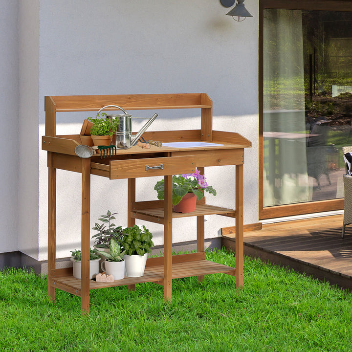 Plantebord havebord blomsterbord med balje havegran naturtræ 117 x 45 x 121 cm
