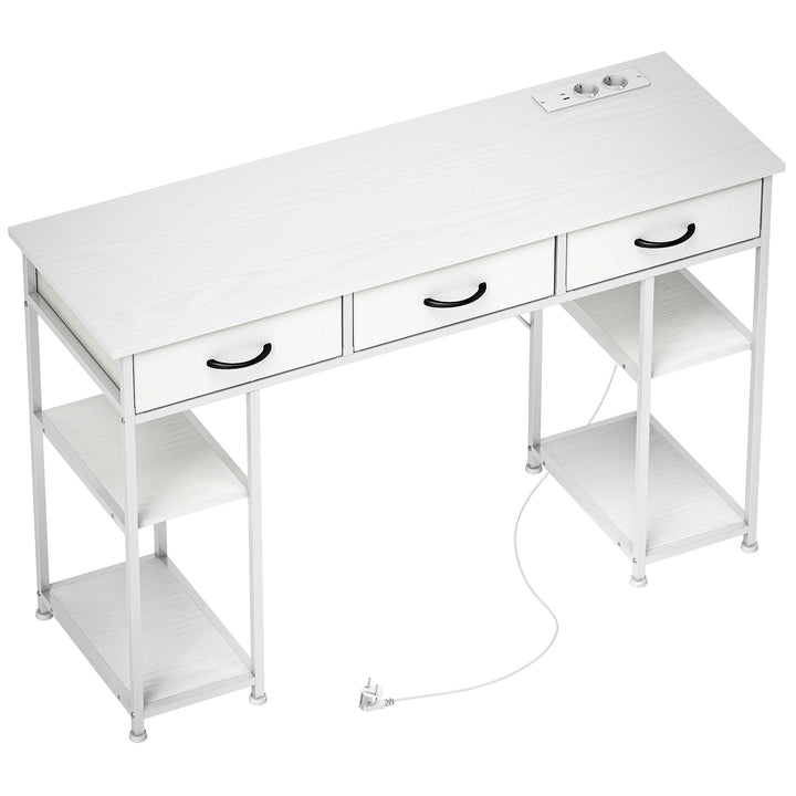 Køkkenbord med 2 USB-opladeporte, 2 stikkontakter, justerbare hylder, 3 stofskuffer, 120x40x76 cm, hvid