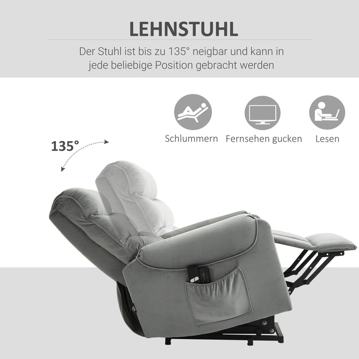 Stående lænestol tv-stol med sovefunktion elektrisk tv-stol med lænefunktion fløjl polyester metalskum lysegrå 79 x 97 x 103 cm