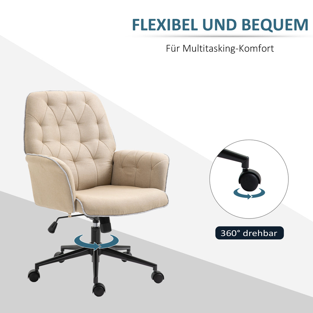 Kontorstol med vippefunktion, drejestol, hjemmekontorstol, højdejusterbar skrivebordsstol, computerstol, arbejdsstol med armlæn, 360° drejelige hjul, skum, beige, 66 x 69 x 89,5-97 cm