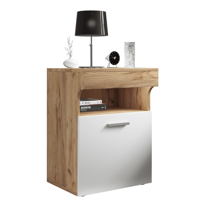 Natbord med svingdør og åbent rum, 61x45x39 cm, naturfarvet og hvid