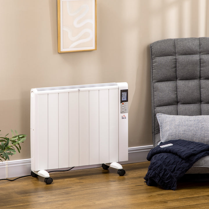 Elektrisk varmelegeme med hjul, 9 forudinstallerede tilstande, vægmonterbar, 5-35°c, hvid, 75 x 7,5 x 58,5 cm