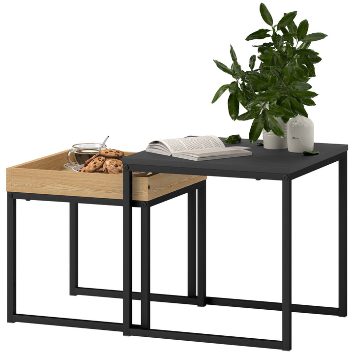Moderne sofabord, sæt med 2 sofaborde, til små rum, firkantet, mdf, metal, sort