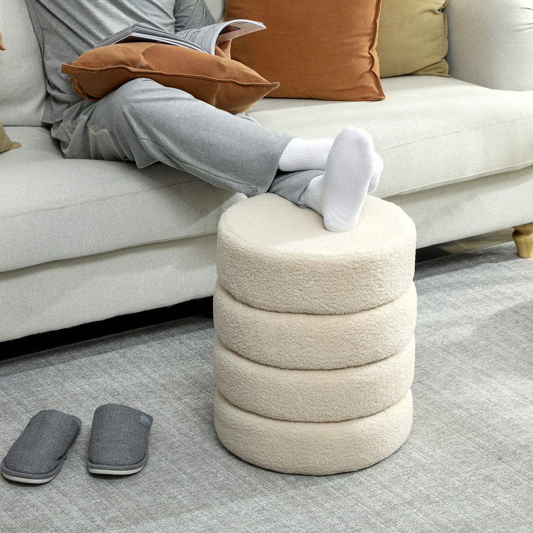 Skammel, rund, teddy fleece, op til 120 kg, ø40x45h cm, beige