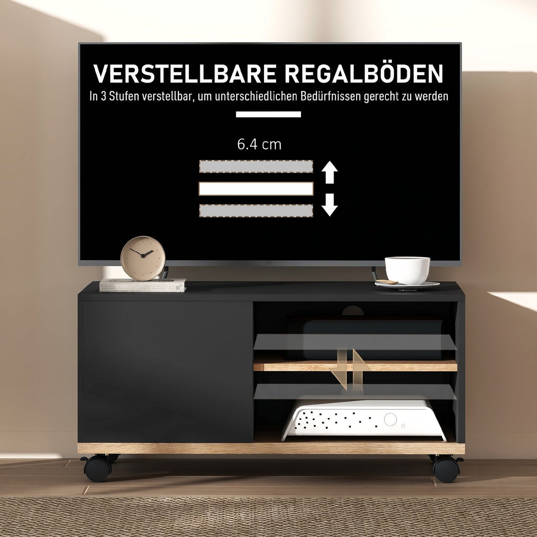 TV-bord på hjul med bremser, TV-møbel med skab og justerbar hylde, sort og eg