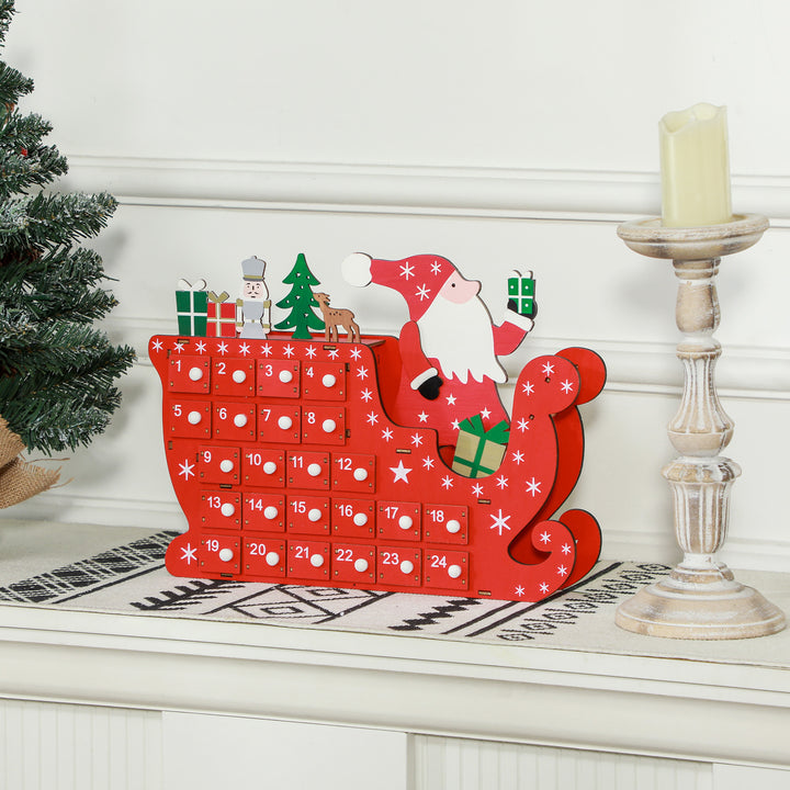 Julekalender julemanden med kane, 24 rum, genanvendelig, 22,5 x 8 x 36 cm, rød