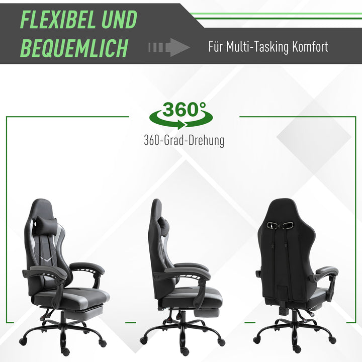 Ergonomisk gamingstol, kontorstol, skrivebordsstol, drejestol, højdejusterbar, justerbar lændehynde med fodstøtte, sort, 62 x 52 x 128 cm
