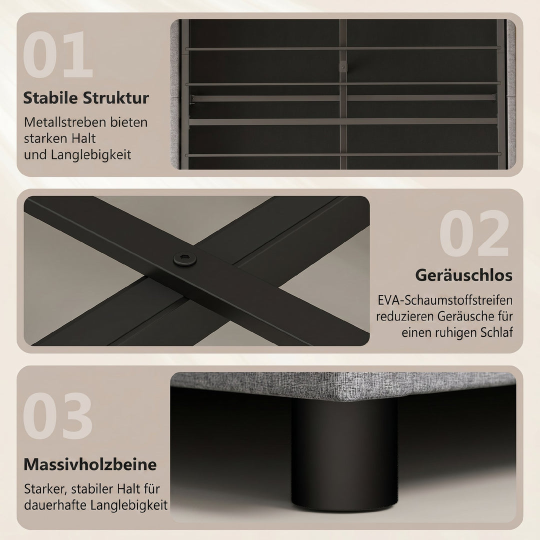 Sengestel 140 x 200 cm med hoved- og fodgærde, platformseng med hydraulisk opbevaring, LED-lys