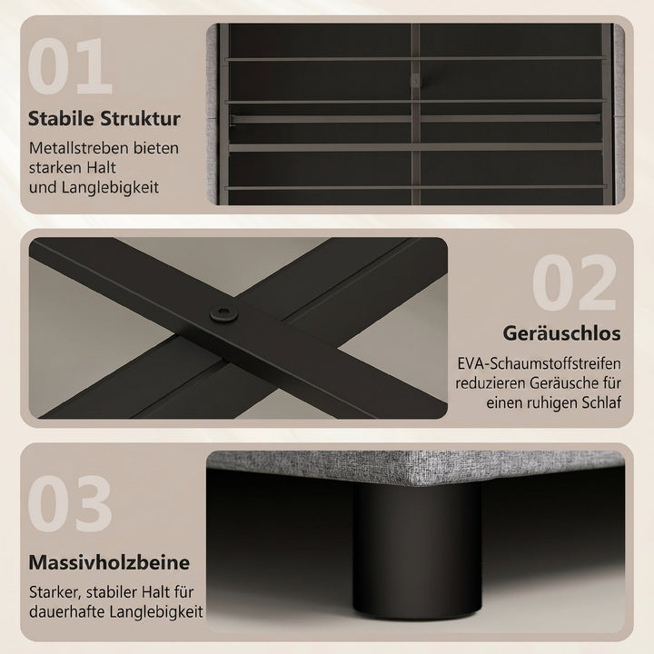 Sengestel 140 x 200 cm med hoved- og fodgærde, platformseng med hydraulisk opbevaring, LED-lys