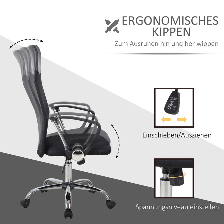 Ergonomisk kontorstol, gamingstol, drejestol med vippefunktion, højdejusterbar skrivebordsstol, skum, net, sort, 63 x 65 x 109-119 cm