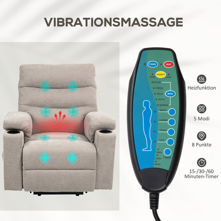 Massagestol med stand-up-funktion, 8 vibrationsmassagepunkter, elektrisk polstret stol med 2 fjernbetjeninger, lysebrun