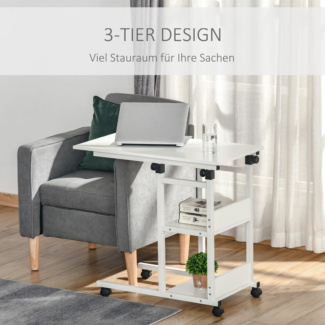 Sidebord med hjul, højdejusterbart, kompakt, 2 hylder, metalstel, 80x40x72-82 cm, hvid