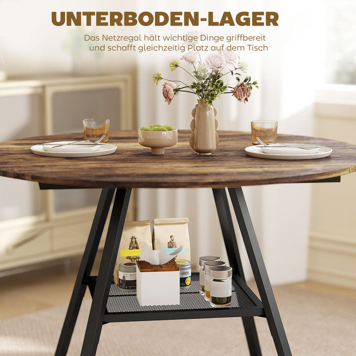 Spisebord til 4 personer, 100 cm rundt industrikøkkenbord med hylde, bordplade i trælook, rustik brun