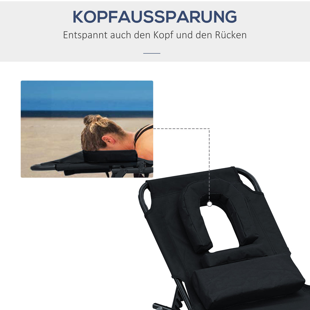 Sammenklappelig liggestol, haveliggestol med nakkestøtte, liggestol med 4-positions justerbar ryglæn, campingliggestol med læsevindue, havestol, lasteevne op til 120 kg, til have, balkon, sort