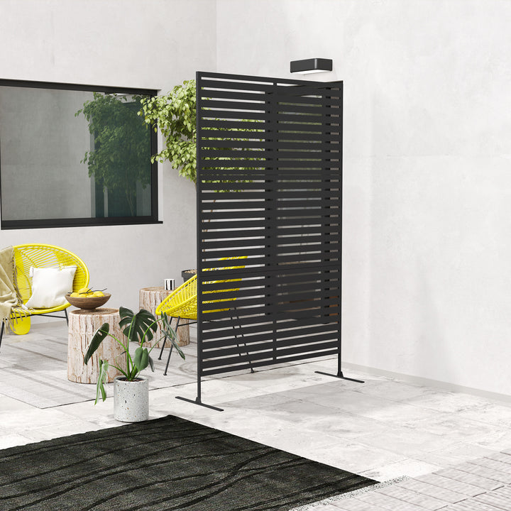 Udendørs metalrumdeler, lameldesign, dekorativ rumdeler til terrasse, have, balkon, sort