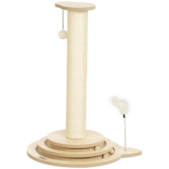 Kradsetræ til katte, 69 cm, sisal kradsetræ, boldløbebane, legebold, legefjeder, 4-i-1 design, cremehvid