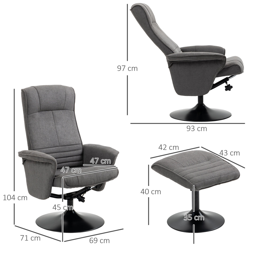 Lænestol med fodskammel, justerbar ryglæn, 69 cm x 71 cm x 104 cm, mørkegrå + sort