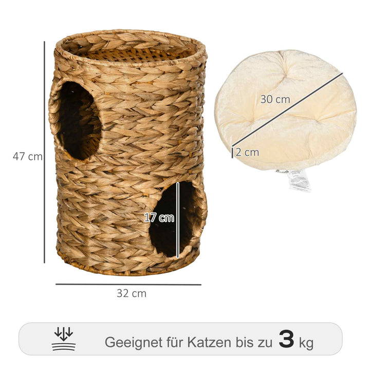 Kradsetønde, 47 cm, 2 huler, pude, kradsetræ med katteseng, vandhyacint kattetårn, lysebrun
