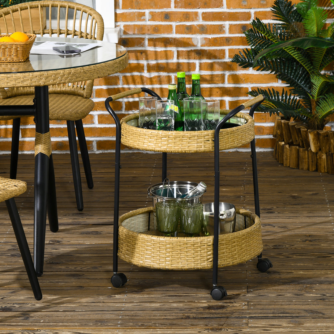 Udendørs serveringsvogn, 2 etager, bremser, polyrattan, metalramme, ø50 x 66h cm, gul