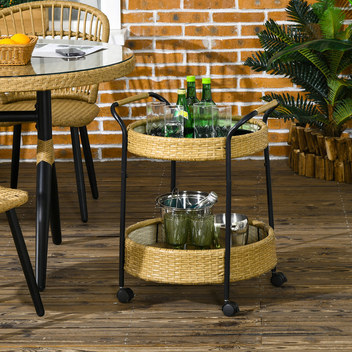 Udendørs serveringsvogn, 2 etager, bremser, polyrattan, metalramme, ø50 x 66h cm, gul