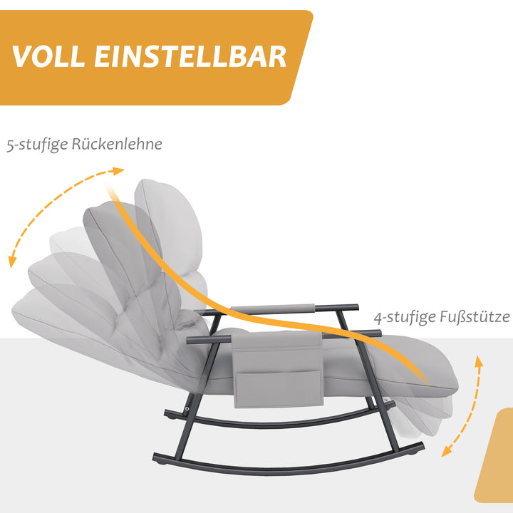 Gyngestol, justerbar ryglæn og fodstøtte, sidelomme, mikrofiberbetræk, metalstel, grå