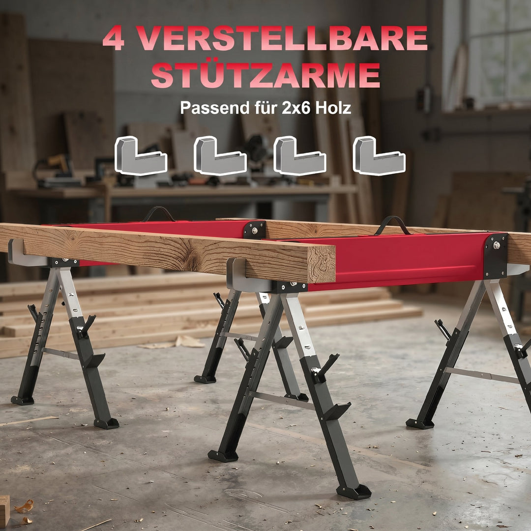 Sæt med 2 foldbare savbukke, lasteevne op til 1160 kg, 7-vejs højdejusterbar (64-81 cm), metal stilladsbukke med håndtag, rød