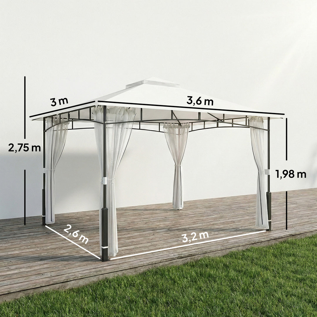 Pavillon, 3x3,6 m, vandafvisende, robust havepavillon med myggenet, dobbelttag, til have, terrasse, sort
