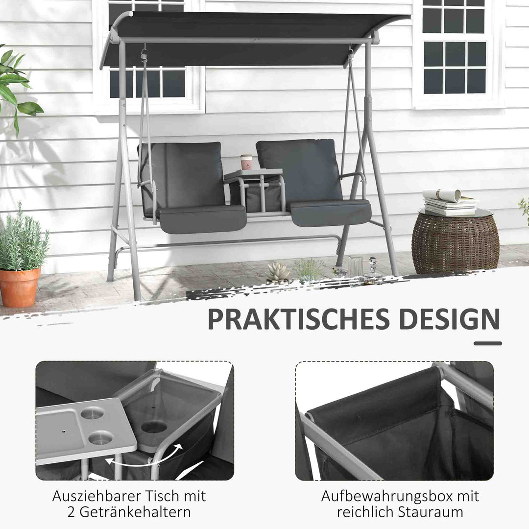 2-Personers verandagynge med baldakin og bord, metalstel, op til 180 kg, 175 x 110 x 165 cm, sort