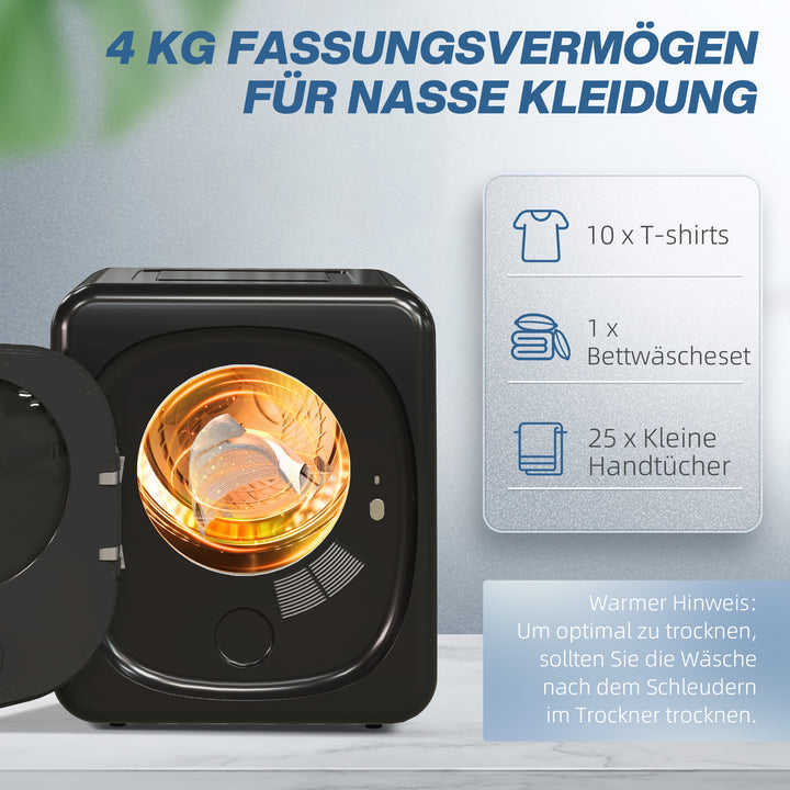Tørretumbler med uv-desinfektion, kompakt design, 4 kg kapacitet, rustfrit stål, sort