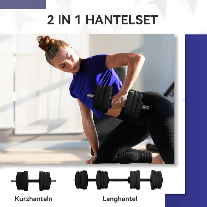 2-i-1 håndvægtsæt, vægtstang og håndvægt, 20 kg, skridsikker, gulvvenlig, sort/grøn