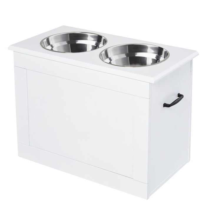 Hævet hundeskål med opbevaringsplads og vandskål, 2 x 2000ml rustfri stålskåle, hundeskåle, foderstation til hunde og katte, hvid