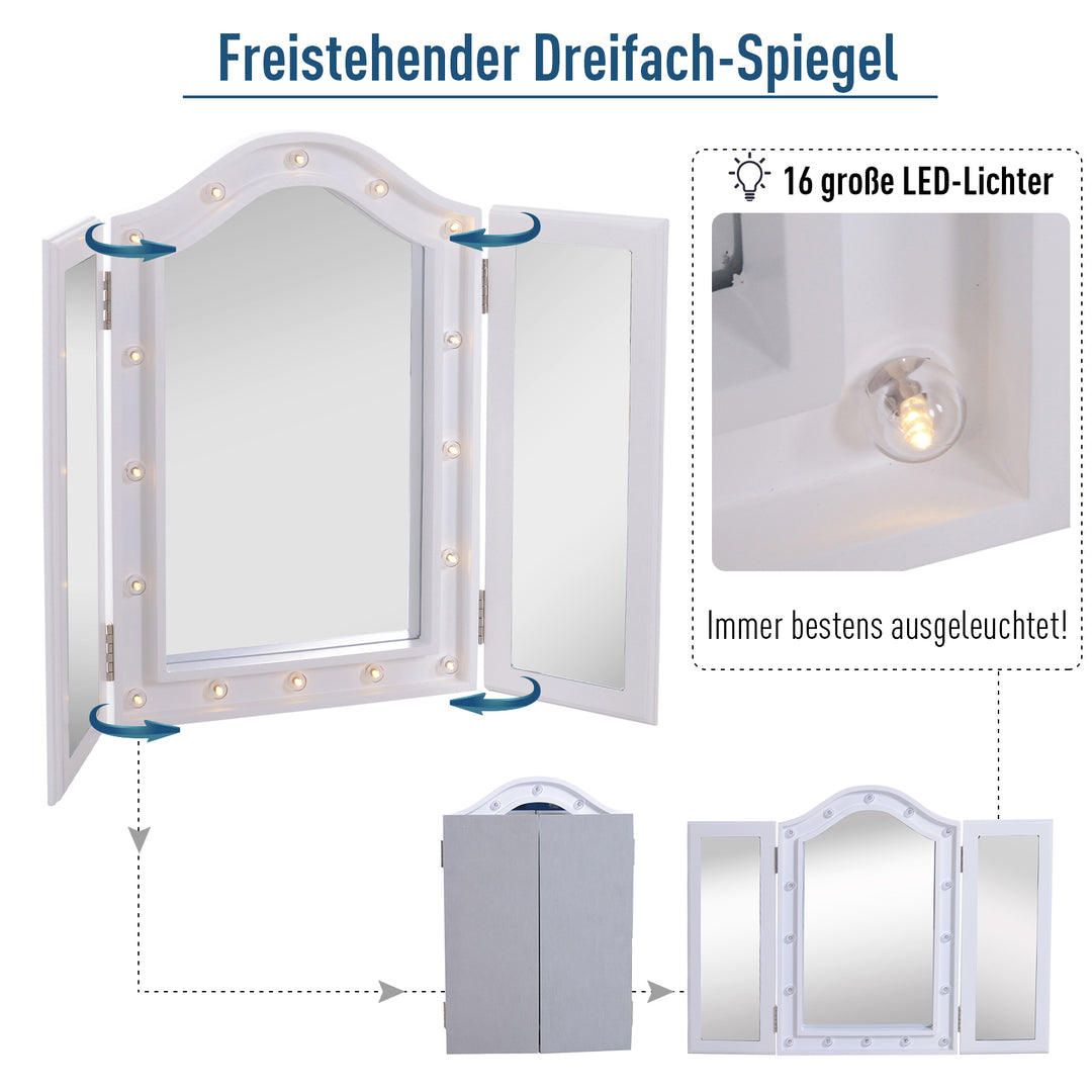 Kosmetikspejl makeupspejl 16 x led-belysning fritstående 180° foldbart batteridrevet hvid 3 spejle 73 x 53,5 x 4,5 cm