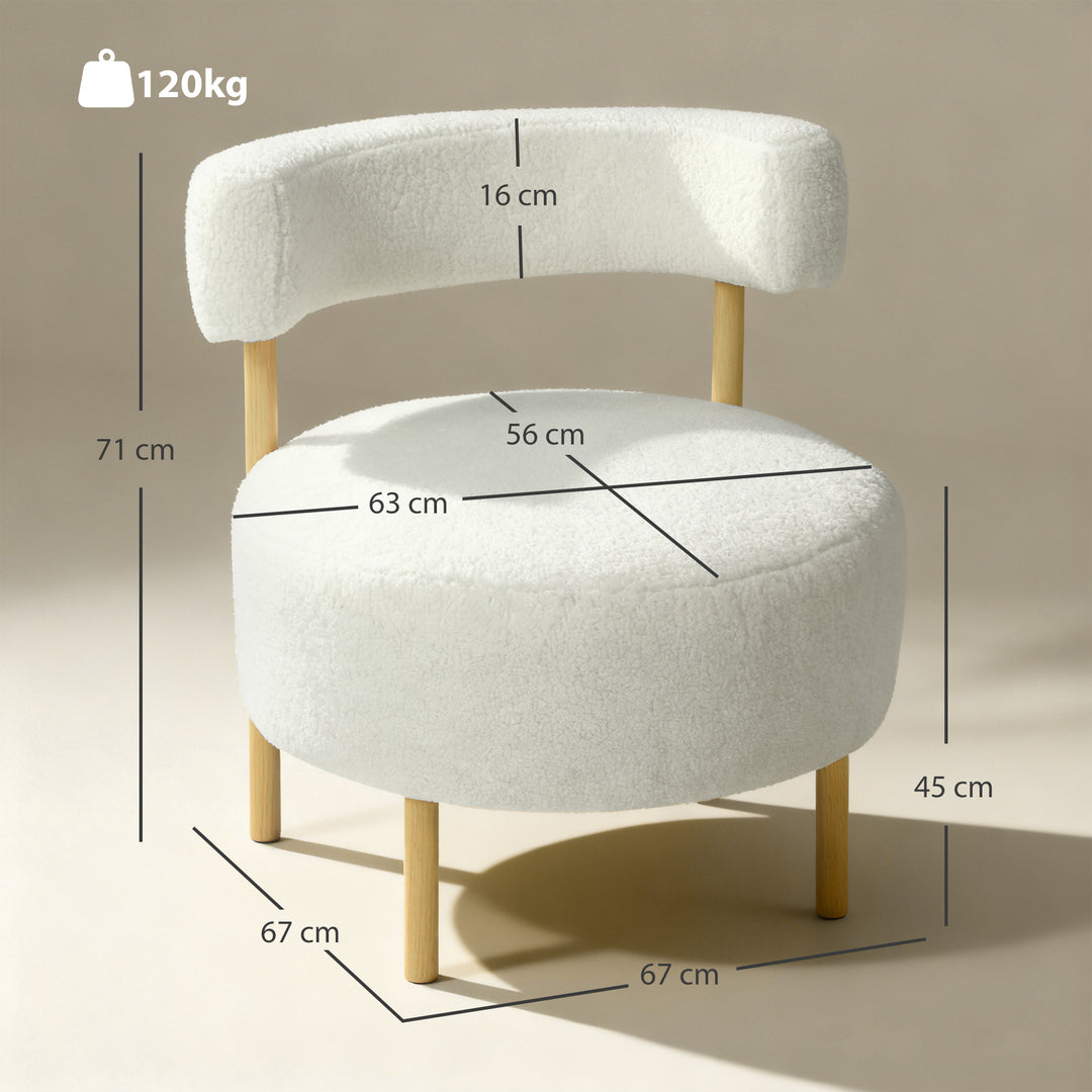 Lænestol, loungestol, lænestol med sherpa fleece, metalben i trælook, polstret lænestol, 67 x 67 x 71 cm, cremehvid