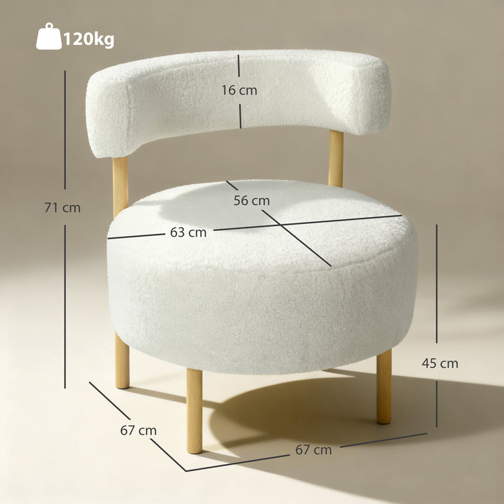 Lænestol, loungestol, lænestol med sherpa fleece, metalben i trælook, polstret lænestol, 67 x 67 x 71 cm, cremehvid