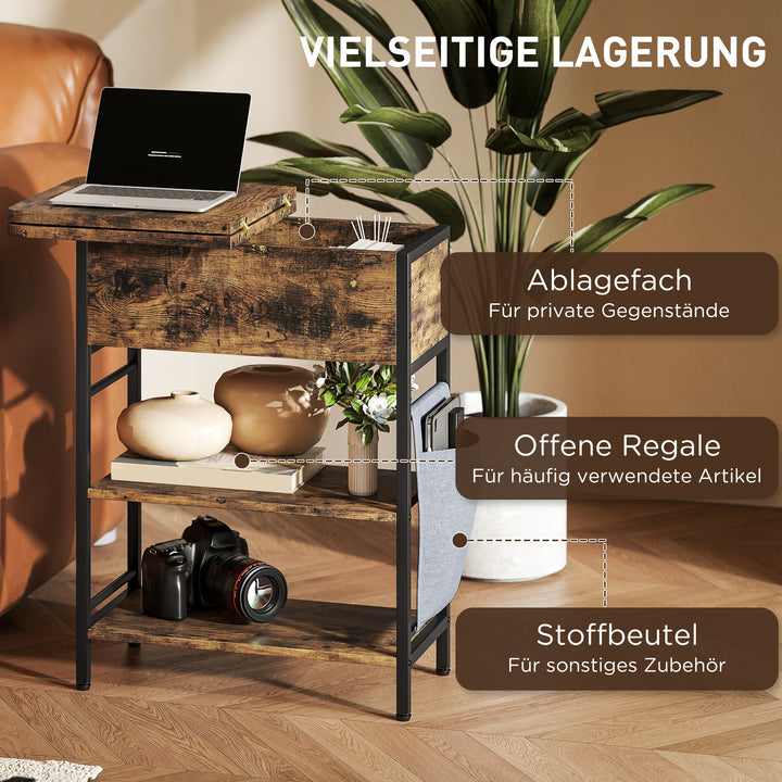 Sidebord natbord med strømskinne, 2 niveauer, usb-porte opbevaringsplads 60 x 29,8 x 58,5 cm rustik brun