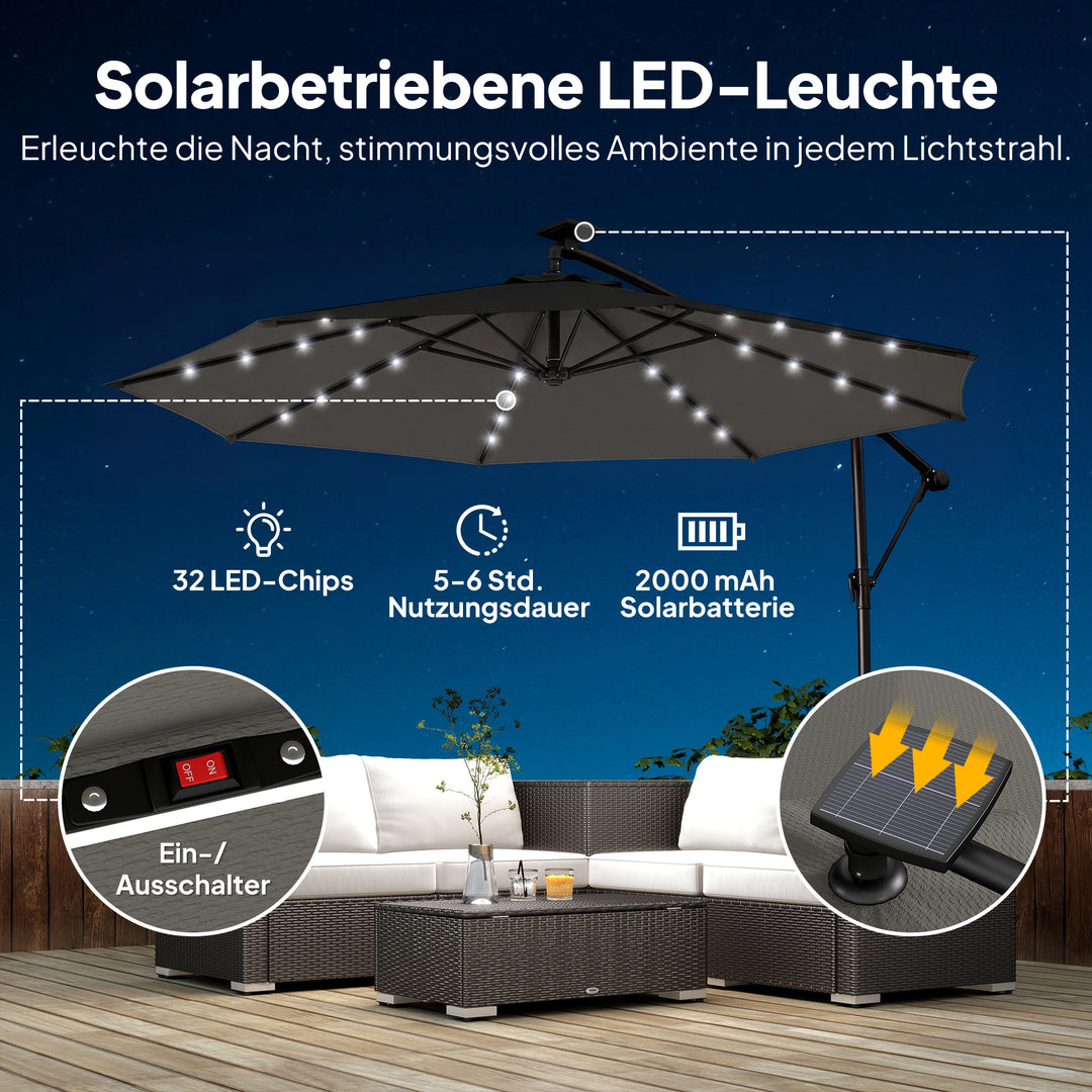 LED solcelledrevet parasol, ca. Ø300 cm, drejelig, med håndsving, beskyttelsesovertræk, mørkegrå