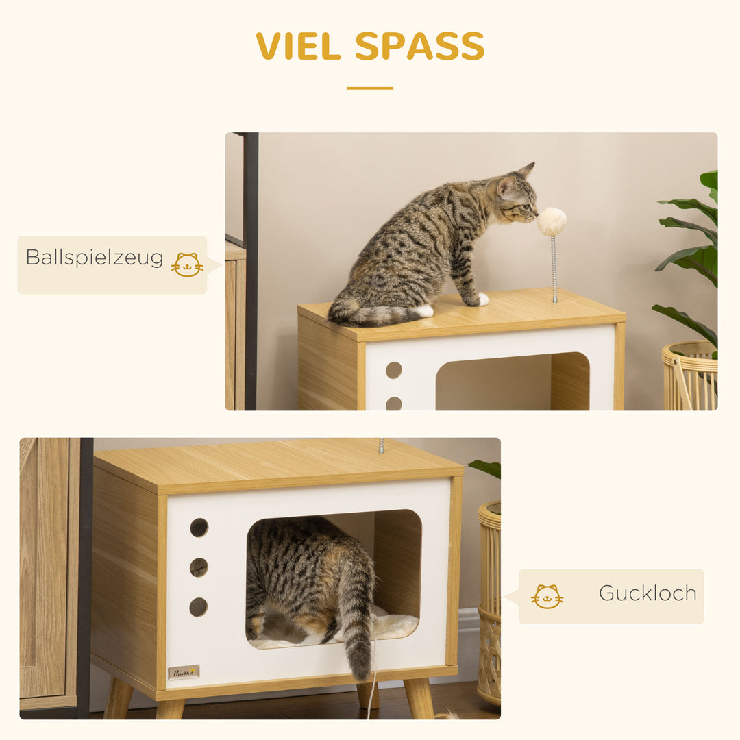 Kattehule i tv-design inklusive legetøj, vaskbar pude, 50 cm x 28 cm x 43 cm, eg + beige + hvid