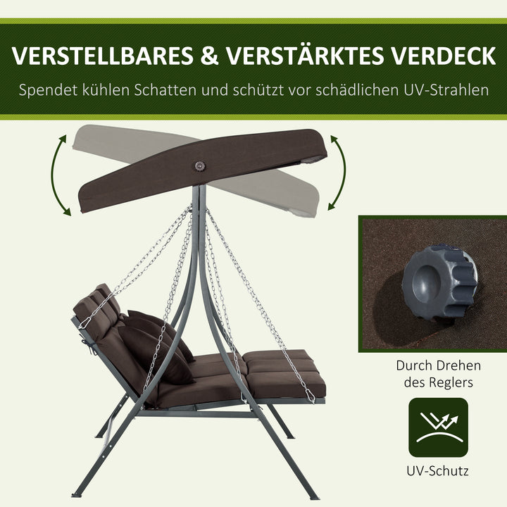 3-Personers gynge med justerbar baldakin, op til 270 kg, brun, 198 x 118 x 168 cm