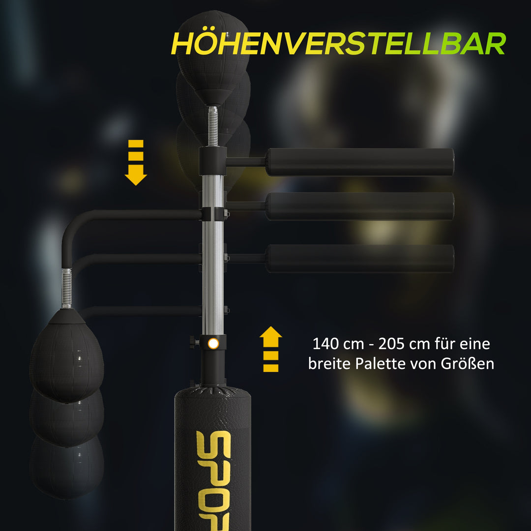 Boksestander, to speedballs, roterende boksestang, sparkpude, højdejusterbar, stål, 107 x 36 x 140-205 cm, sort