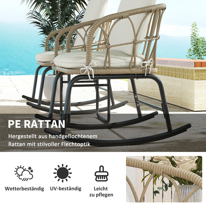 Gyngestolsæt, bistrostil, bohostil, PE-rattan, vejrbestandig, cremefarvet