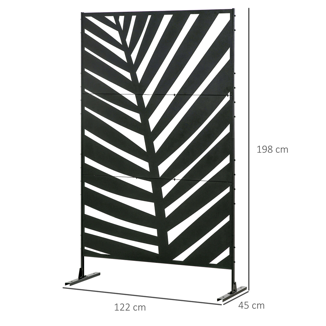 Udendørs skærm, malet stålramme, design: palmebladssilhuet, 1,2 x 2 m, sort
