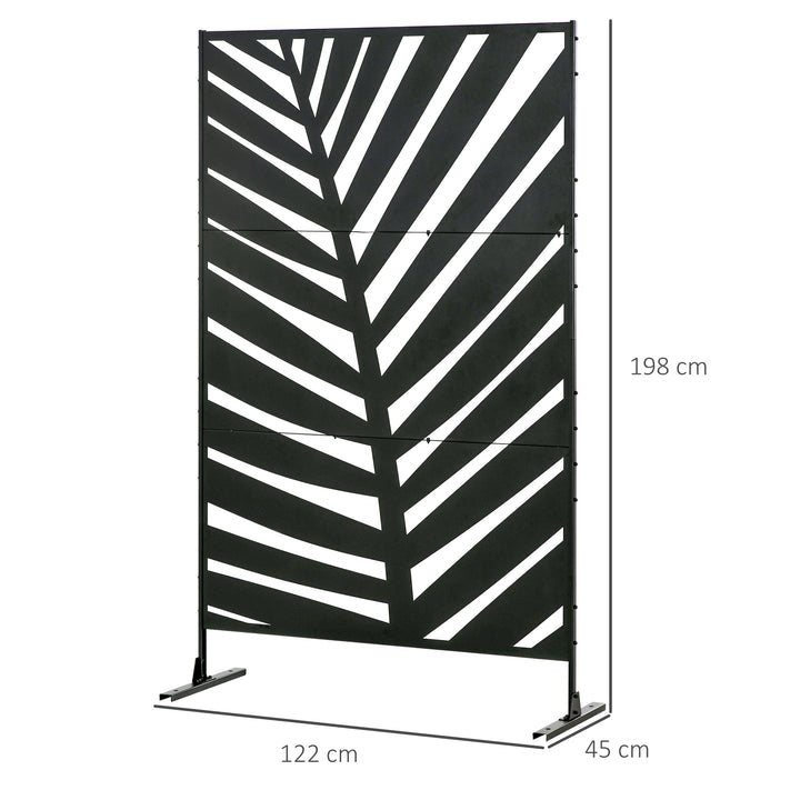 Udendørs skærm, malet stålramme, design: palmebladssilhuet, 1,2 x 2 m, sort
