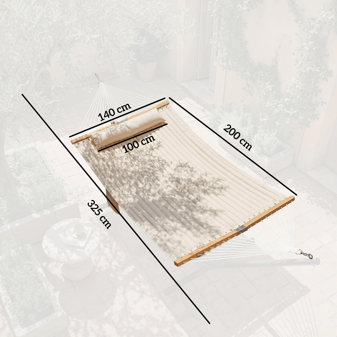 Udendørs hængekøje 200x140cm, dobbeltlags hængekøje med nakkestøtte, magasinlomme, træstænger, op til 200kg